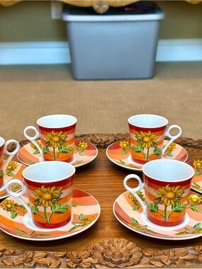 6 Sunflower Orange Porcelain Espresso Cup & Saucer Sets
